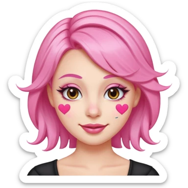 “Emoji girl, pastel pink streaks in hair, bold winged eyeliner, heavy blush on cheeks and nose bridge, under-eye hearts, glossy pink lips, playful smirk.” sticker