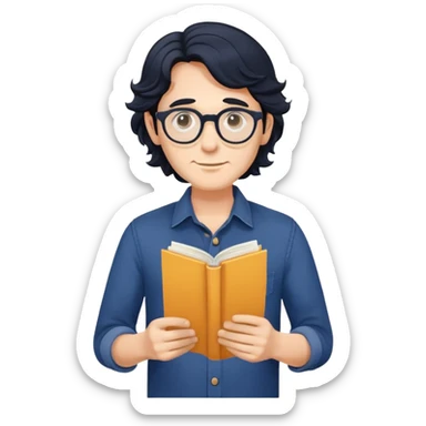 Man with longer wavy black hair, round glasses, dark blue buttoned shirt, holding program booklet for a play sticker