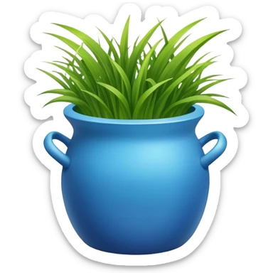 a small blue cachepot with grass leaves gathered in a pile. sticker