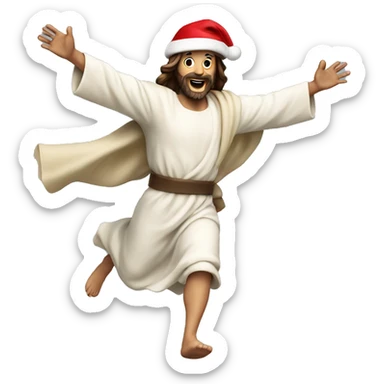 Jesus running, with a large stride and arms outstretched, santa hat sticker