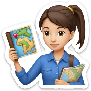 tourist brunette woman with ponytail holding map sticker