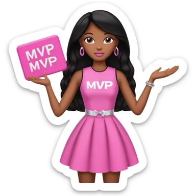 Black barbie, long black  hair, pink dress holding mvp sign  sticker