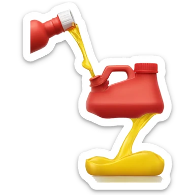 Smiley pouring red plastic container with a yellow spout of liquid on himself sticker