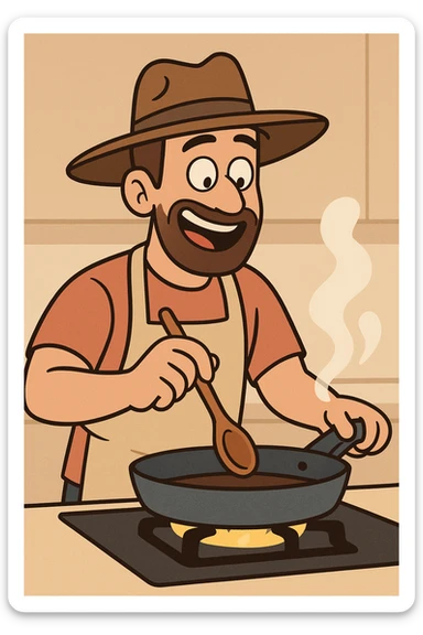 Cartoon style of a man wearing a hat cooking with a cheerful expression sticker