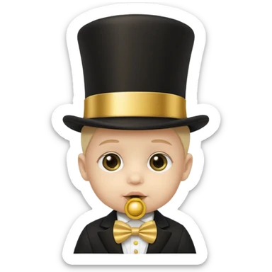a baby's face in a black top hat with a gold stripe and a gold pacifier sticker