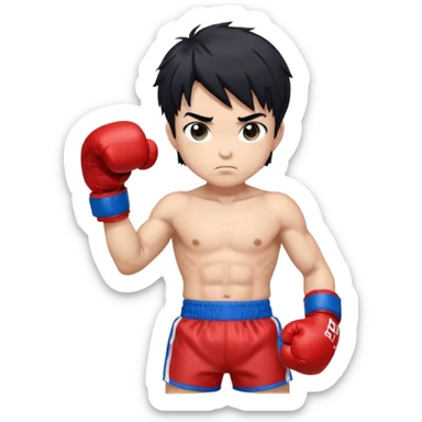 masterpiece, medium short plane, anime style, chibi, inspired by Ippo Makanouchi (Hajime no Ippo), young male boxer, short messy black hair, athletic and compact build, red boxing gloves, blue boxing shorts, big expressive eyes, clean lineart, vertical composition, TikTok avatar style,  sticker
