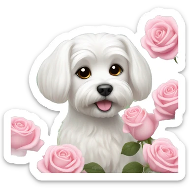  white maltese dog and pink roses  sticker