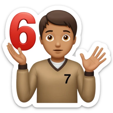 Man shrugging with the number 6 above his left hand and the number 7 above his right hand sticker