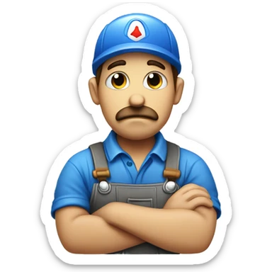 sad plumber with blue sticker