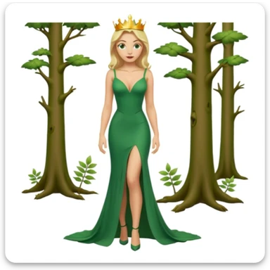 Queen, crown, blonde hair, green eyes, long green tight dress, decoltee,  Leg slit, whole Body, Background forest  sticker