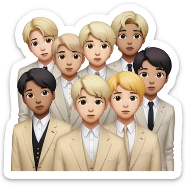 Cinematic Realistic group portrait of BTS featuring all 7 members in stylish modern attire, with detailed facial expressions and vibrant colors, captured in dynamic, contemporary lighting that emphasizes their global pop icon status sticker