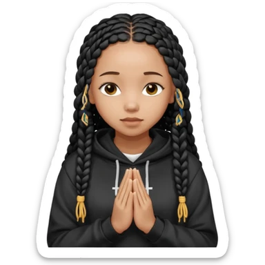 African American girl light skin with long black box braids and plain black hoodie with prayer hands sticker