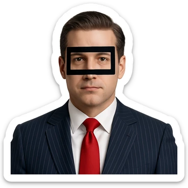man 35-40 years old, dark blue striped suit, red tie, slicked-back hairstyle, black rectangle with eyes on face sticker