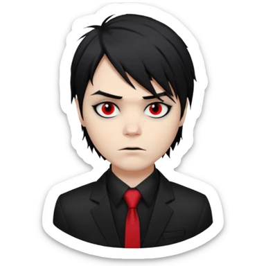 Gerard Way (Revenge Era)
Round, simplified emoji style
Pale skin tone
Jet-black, shoulder-length hair messy and emo
Heavy eyeliner and slight red shadow under the eyes
Subtle serious
Hint of red tie visible on black button up shirt.
Transparent background. Black eyeliner. Messy emo hair sticker