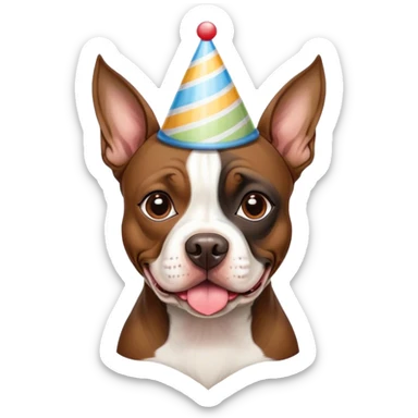American Pit Bull Terrier mixed with a boston terrier, wearing a birthday hat sticker