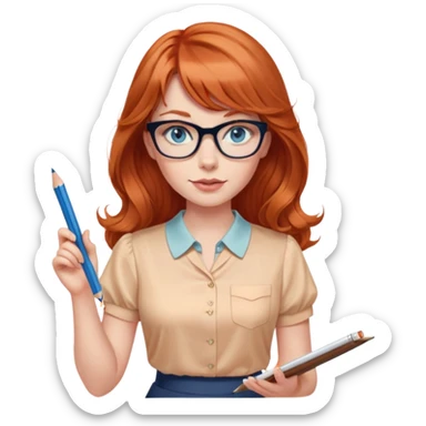 redheaded woman with long wavy hair and bangs, blue eyes, clear cat-eye glasses, short-sleeve apricot blouse, pencil skirt, holding a pencil sticker