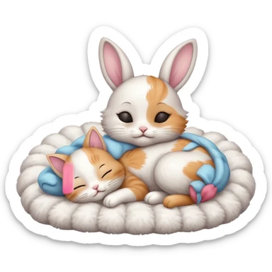 A little kitten sleeping next to a sweet rabbit  sticker