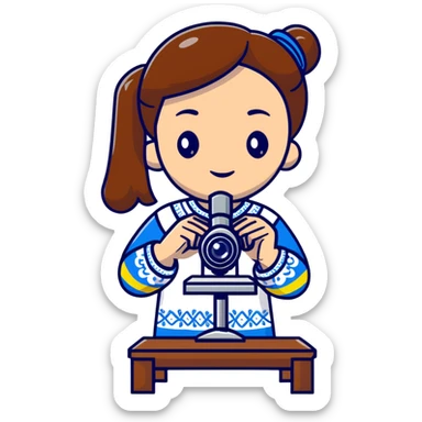 Ukrainian girl in traditional embroidered vyshyvanka shirt holding a microscope sticker