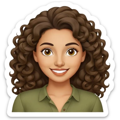 Mujer latina piel canela, mediana, cara redonda en forma de pera, cejas definidas, pelo muy largo rizado, peinado hacia atrás con bucles sueltos al frente. Sonrisa amplia, expresión alegre. Blusa verde olivo sticker