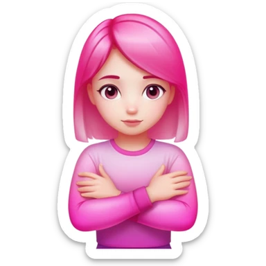 Shy girl character with arms crossed, transparent glass style, bright pink gradient, soft shadows and highlights, minimalist cute design sticker