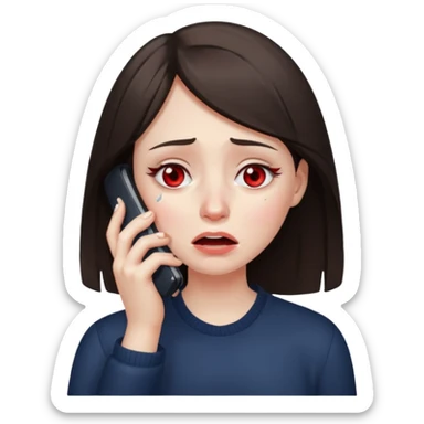 generate a brunette girl crying while taljking on a mobile phone sticker
