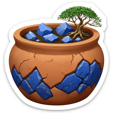 Aged two toned lapis blue terracotta Roots Stoneware akadama moss on soil irregular angular Stone Age rocks cracked crags and broken rough edges forming a very shallow Yixing pot sticker