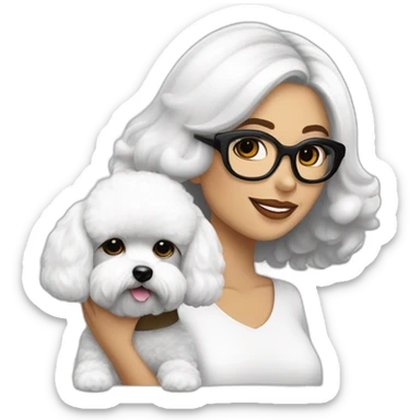 mujer piel blanca pelo largo negro gafas y perro bichon maltés blanco sticker