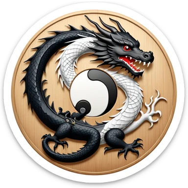 An icon symbolizing Eastern martial arts in the style of an emblem, featuring a black-and-white Yin-Yang symbol and a dragon at the center, surrounded by elements like a dojo. Transparent background highlights balance and power. sticker