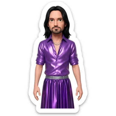 Jonathan Davis with long black hair, purple metallic shirt, purple metallic long baggy skirt , silver necklace sticker