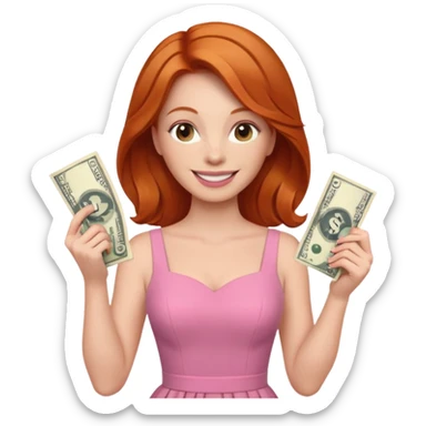 ginger hair Woman wearing pink dress holding dolar sticker