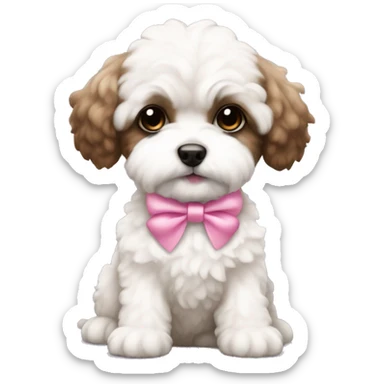 Brown and white Schichon puppy with pink bow sticker