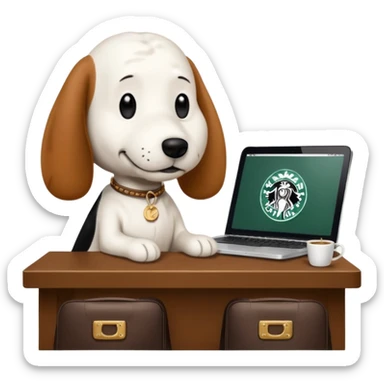 snoopy in a desk with starbucks and his chanel purse sticker