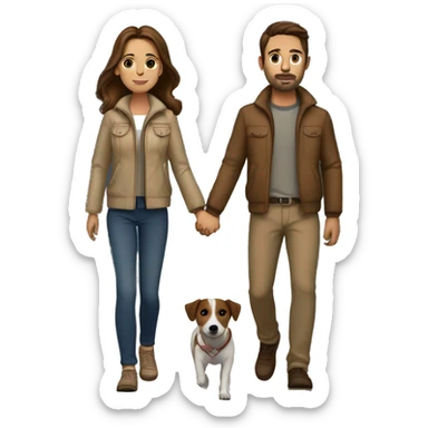 Couple with brown hair and beige jackets and brown pants holding hands on a late night walk with a jack russell terrier sticker
