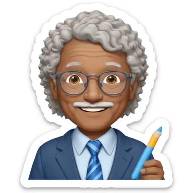 old man teacher, brown skin, curly grey white hai, wearing glasses, brown suit, blue tie hold chalk on hand sticker