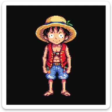 Monkey D. Luffy, pixel art style, red vest, straw hat, simple background sticker