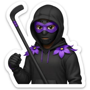 non human male cartoon character related to a shadow, all black skin, with all black clothes, focusing a black hoodie, and a black hockey mask covering his entire face, just his purple shadow eyes making a light bloom, no background sticker