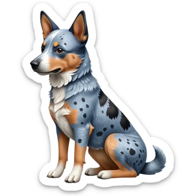 cinematic-[australian catle dog]-realistic-full-body-sitting-emoji,-tail-resting-loosely-beside-its-paws,-head-tilted-dramatically,-sleek-[vibrant-blue-speckle-fur]-fur,-simplified-yet-realistic-focused-features,-highly-detailed,-glowing-with-an-almost-sarcastic-glow sticker