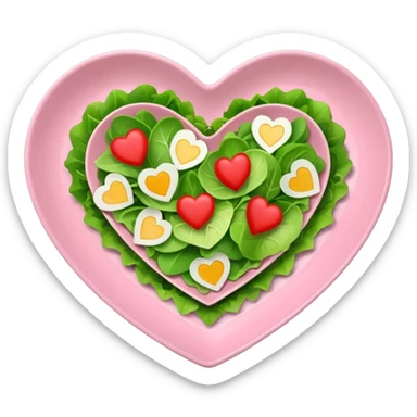 green salad in a light pink heart shaped plate sticker