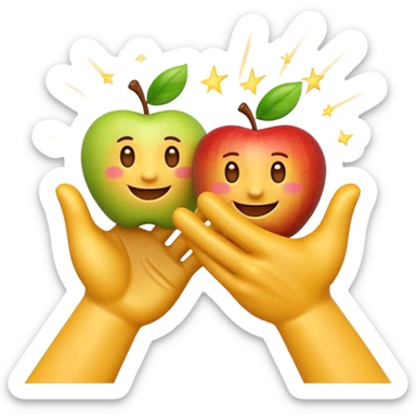 A 3D Apple-style emoji of two different cartoon hands clapping together in a fun "high five" gesture, only the hands are visible, surrounded by small motion lines and spark effects, radiating cheerful and playful energy, colorful and vibrant design sticker