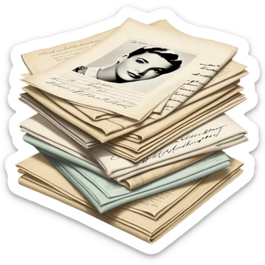 Icon for Autograph Collecting: several vintage sheets stacked one on top of the other, each framed with signatures of famous celebrities. The icon should evoke the charm and history of collecting autographs. Transparent background. sticker