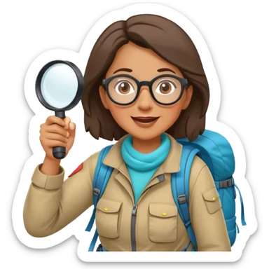 Middle-aged woman explorer with glasses in bright hiking gear and backpack, excitedly holding magnifying glass sticker