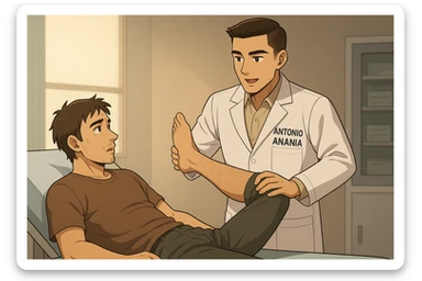 fai un webtoon manga a colori con questo stile, in cui un uomo è steso sul lettino medico e il kinesiologo con il camice bianco (fagli anche la scritta "ANTONIO ANANIA" SUL CAMICE, gli solleva una gamba per fargli il test neuromuscolare, IL KINESIOLOGO SPIEGA ALL'UOMO UNA cosa mentre gli alza la gamba. non fare i fumetti però, fai solo in modo che sembri stiano parlando sticker