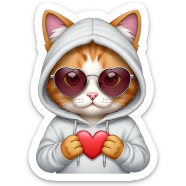 Cat wearing a hoodie and heart sunglasses sticker
