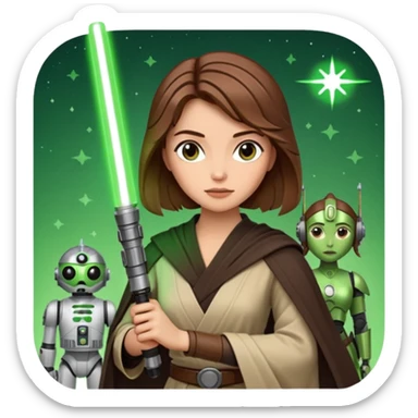 Ios 18 starwars theme ( jedi, robots etc..) brown hair lady with lightaber green or red sticker