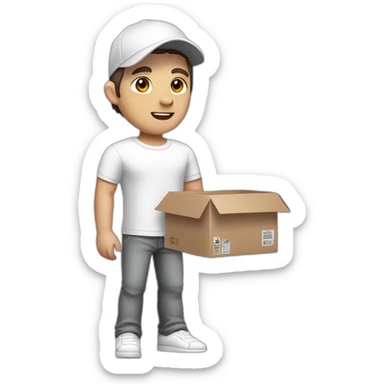 Pale skinned fit Man with dark brown hair in a white cap, gray jeans and gray polo T-shirt keeping a pasted with tape box into his hands sticker