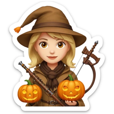 female human monster hunter emoji, wearing brown coat and hat, holding crossbow, soft smile, scarf, glowing pumpkin by her side, Halloween fantasy style, clean vector Apple emoji look, bright colors, white background, square sticker