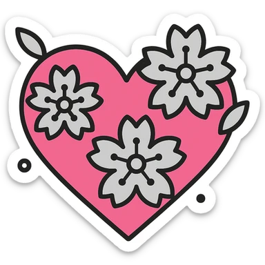 Make the silver details on the heart with sakura more prominent in color outline icon style. No background. sticker