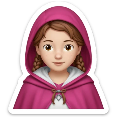 a 12 year old girl with fair skin, freckles, and brown hair done in French braids that come down to her breasts. she has a red hooded cape with the hood drawn. she has big, brown eyes and normal eyebrows. she has a pretty white t-shirt under her cloak. she has a warming smile with pale pink lips sticker