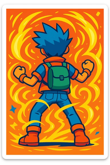 back view of a game avatar with swirling yellow energy, energetic and colorful sticker