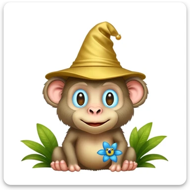 Funny cartoon hybrid baboon-bush with big feet and nose, golden hat, tiny blue frog inside, emoji style, transparent background, magical and surreal sticker